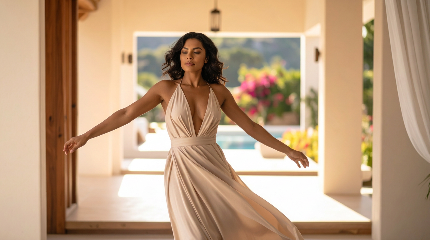 A woman with arms wide, mid-dance, sunlit